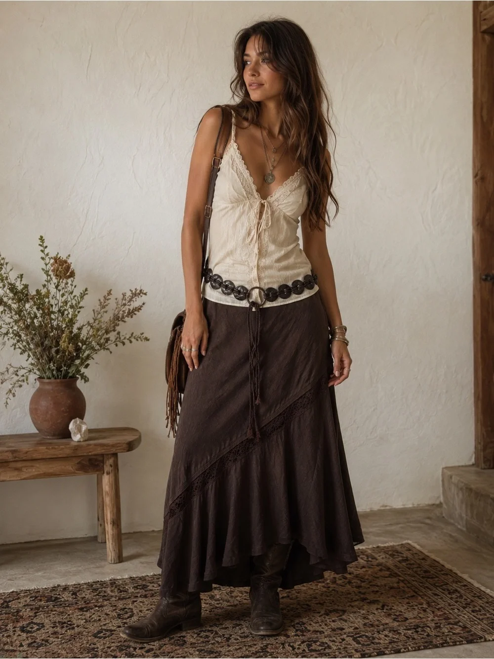 Vintage Y2K Bohemian Gem Brown Statement Belt with Tassel | S